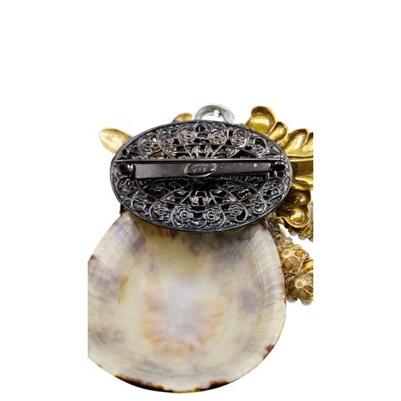 Fabulous VRBA Cowrie Shell Flowers Accented W/ Pearl & Rhinestone Huge Brooch - Picture 7 of 9